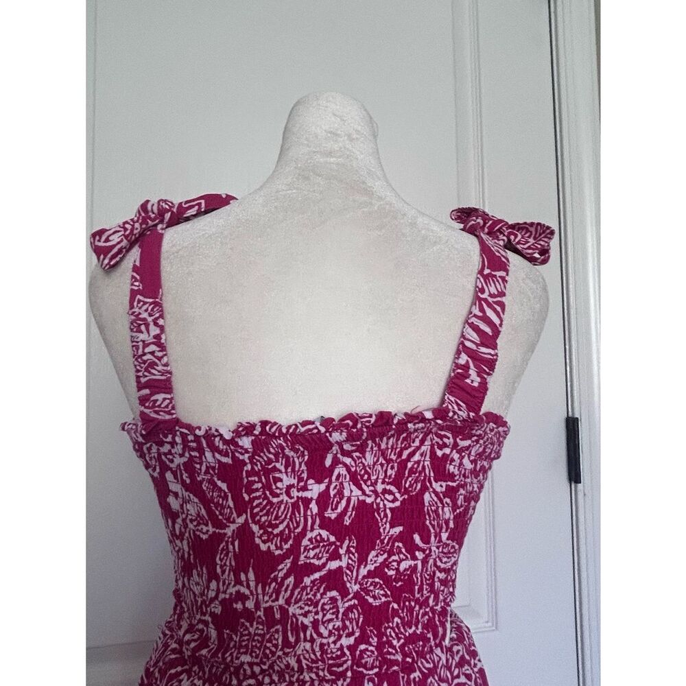Vibrant Pink Floral Tie-Shoulder Boho Tropical Maxi Dress Side Cut Outs Rayon - Picture 9 of 12